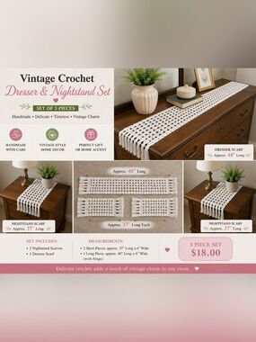 Handmade White Crochet Dresser & Nightstand Scarf Set of 3 – Vintage Style